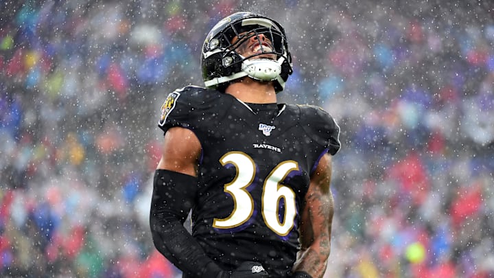 Dec 1, 2019; Baltimore, MD, USA; Baltimore Ravens safety Chuck Clark (36) reacts in the first quarter against the San Francisco 49ers at M&T Bank Stadium. Mandatory Credit: Evan Habeeb-Imagn Images