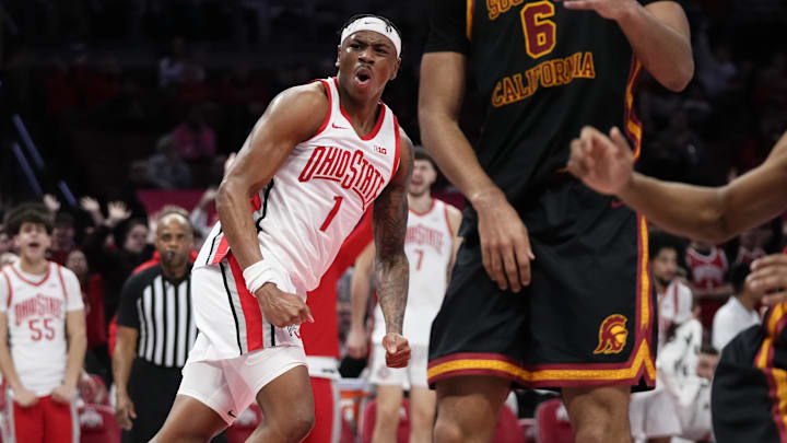 Ohio State Buckeyes forward Amare Bynum (1) reacts after a dunk during the second half of the NCAA men's basketball game against the USC Trojans at the Schottenstein Center on Feb. 11, 2026. Ohio State won 89-82.
