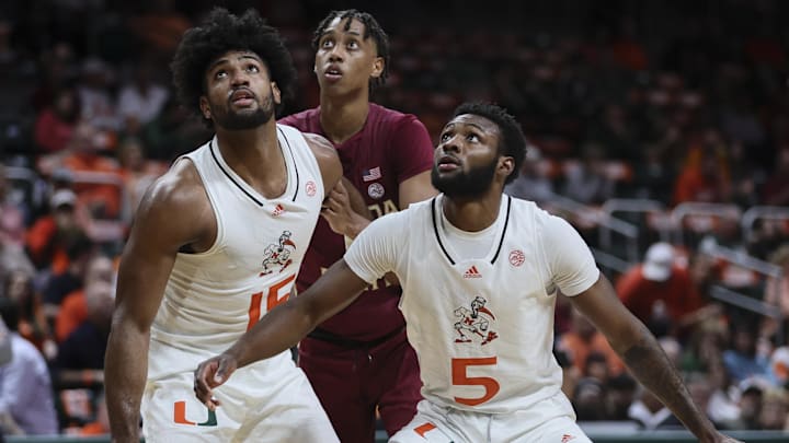 Jan 17, 2024; Coral Gables, Florida, USA; Miami Hurricanes guard Wooga Poplar (5) and forward