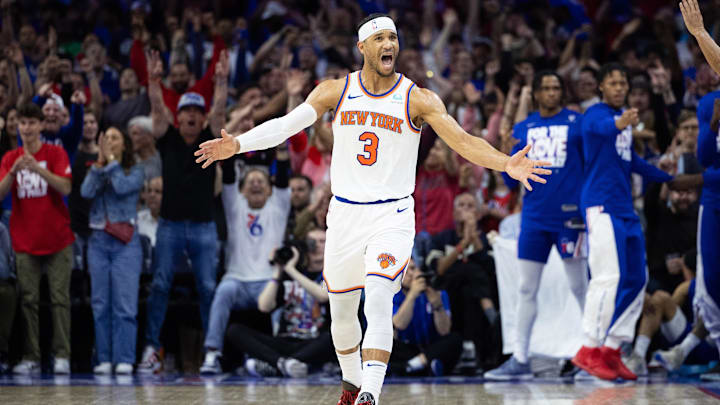 May 2, 2024; Philadelphia, Pennsylvania, USA; New York Knicks guard Josh Hart (3) reacts to a