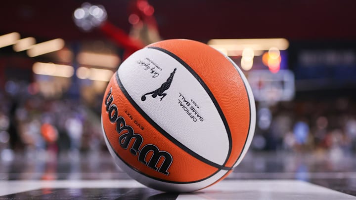 Aug 29, 2025; College Park, Georgia, USA; WNBA basketball on the floor during a game between the Atlanta Dream and Dallas Wings in the fourth quarter at Gateway Center Arena at College Park. Mandatory Credit: Brett Davis-Imagn Images