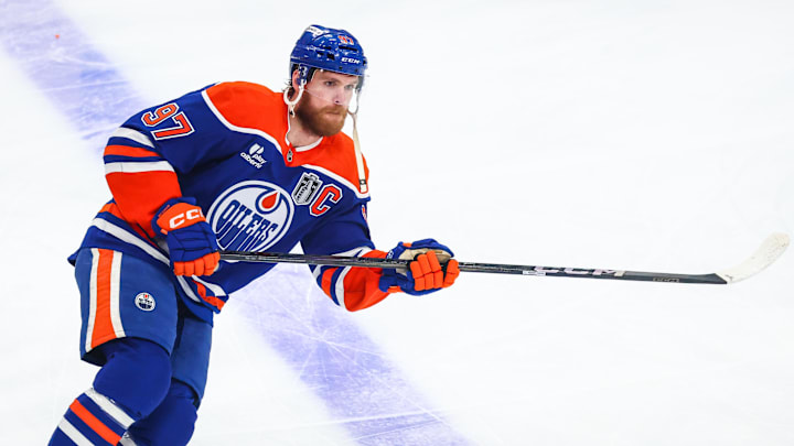 Jun 14, 2025; Edmonton, Alberta, CAN; Edmonton Oilers center Connor McDavid (97) skates during the warmup period against the Florida Panthers in game five of the 2025 Stanley Cup Final at Rogers Place. Mandatory Credit: Sergei Belski-Imagn Images