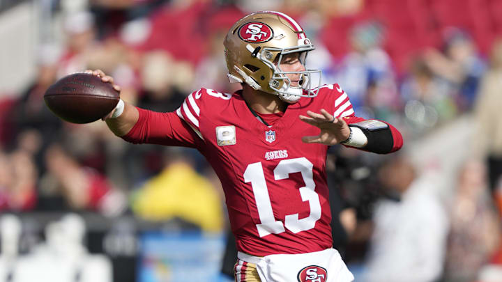 November 17, 2024; Santa Clara, California, USA; San Francisco 49ers quarterback Brock Purdy (13) warms up before the game against the Seattle Seahawks at Levi's Stadium. Mandatory Credit: Kyle Terada-Imagn Images