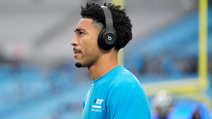 Dec 28, 2025; Charlotte, North Carolina, USA; Carolina Panthers quarterback Bryce Young (9) looks on during warmups before the game against the Seattle Seahawks at Bank of America Stadium.