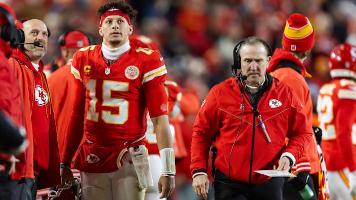 Jan 26, 2025; Kansas City, MO, USA; Kansas City Chiefs quarterback Patrick Mahomes (15) alongside defensive coordinator Steve Spagnuolo against the Buffalo Bills during the AFC Championship game at GEHA Field at Arrowhead Stadium. Mandatory Credit: Mark J. Rebilas-Imagn Images