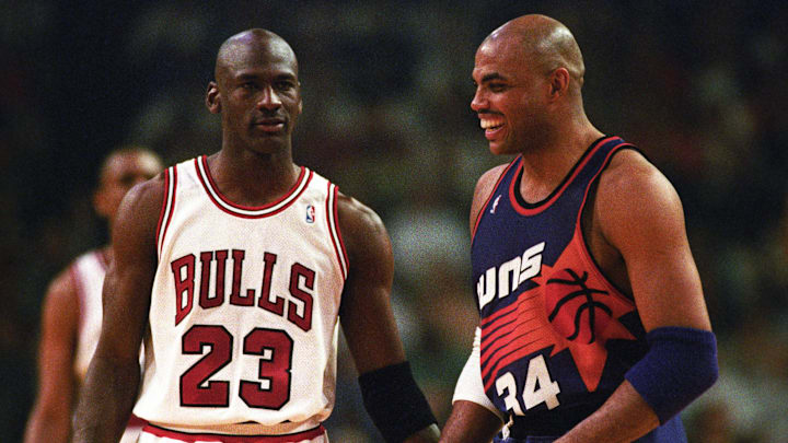 Bulls guard Michael Jordan and Suns forward Charles Barkley face off in the 1993 NBA Finals.