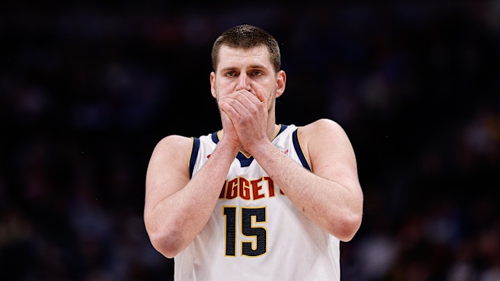Feb 10, 2025; Denver, Colorado, USA; Denver Nuggets center Nikola Jokic (15) in the first quarter against the Portland Trail Blazers at Ball Arena. Mandatory Credit: Isaiah J. Downing-Imagn Images