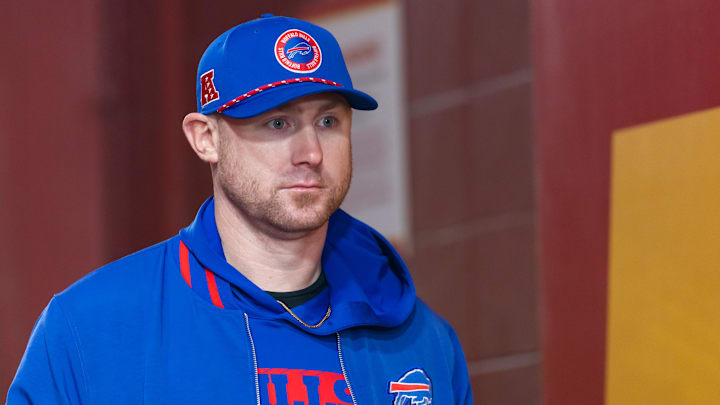Jan 26, 2025; Kansas City, MO, USA; Buffalo Bills offensive coordinator Joe Brady against the Kansas City Chiefs during the AFC Championship game at GEHA Field at Arrowhead Stadium. Mandatory Credit: Mark J. Rebilas-Imagn Images