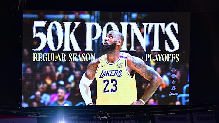 Mar 4, 2025; Los Angeles, California, USA; Video board displaying 50,000 career point milestone for Los Angeles Lakers forward LeBron James (23) after scoring a three point basket against the against the New Orleans Pelicans during the first half at Crypto.com Arena. Mandatory Credit: Gary A. Vasquez-Imagn Images Mar 4, 2025; Los Angeles, California, USA; Video board displaying 50,000 career point milestone for Los Angeles Lakers forward LeBron James (23) after scoring a three point basket against the against the New Orleans Pelicans during the first half at Crypto.com Arena. Mandatory Credit: Gary A. Vasquez-Imagn Images