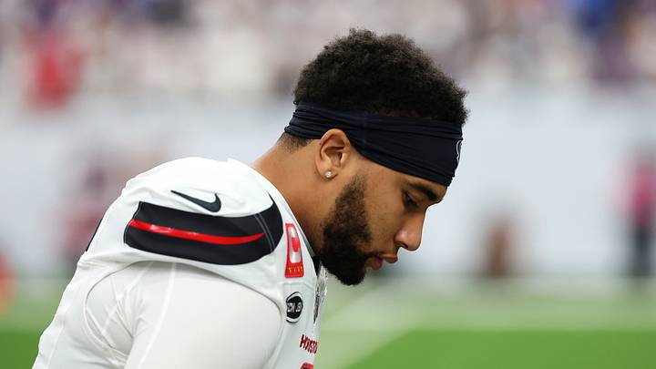Sep 13, 2026; Houston, Texas, USA;  Houston Texans quarterback C.J. Stroud (7) takes a knee before the game against the Buffalo Bills at Reliant Stadium.  Mandatory Credit: Thomas Shea-Imagn Images