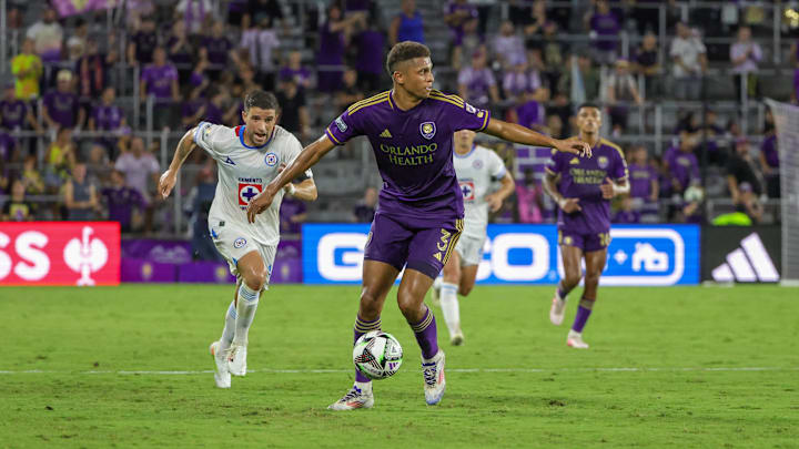 Aug 9, 2024; Orlando, Florida, USA; Orlando City defender Rafael Santos (3) looks to pass during the second half against the Cruz Azul at INTER&CO Stadium. Mandatory Credit: Mike Watters-USA TODAY Sports