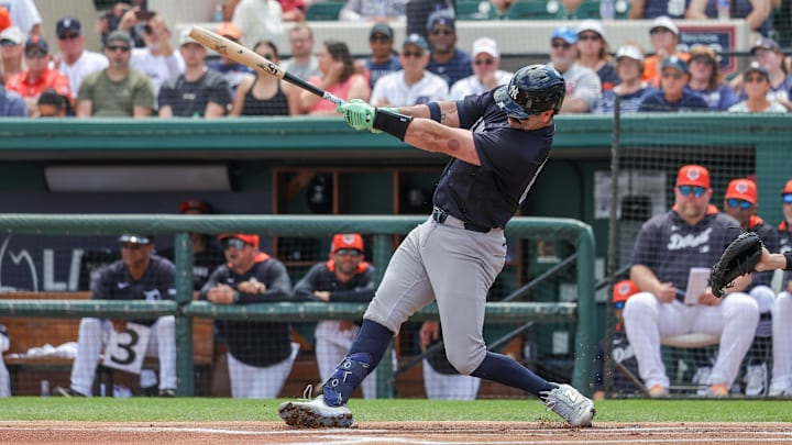 Mar 13, 2025; Lakeland, Florida, USA; New York Yankees catcher Austin Wells (28) bats during the first inning against the Detroit Tigers at Publix Field at Joker Marchant Stadium. Mar 13, 2025; Lakeland, Florida, USA; New York Yankees catcher Austin Wells (28) bats during the first inning against the Detroit Tigers at Publix Field at Joker Marchant Stadium.