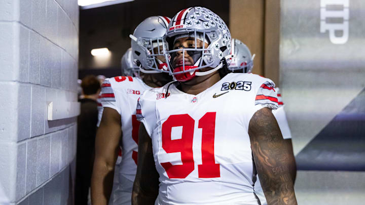 Jan 20, 2025; Atlanta, GA, USA; Ohio State Buckeyes defensive tackle Tyleik Williams (91) against the Notre Dame Fighting Irish during the CFP National Championship college football game at Mercedes-Benz Stadium. Mandatory Credit: Mark J. Rebilas-Imagn Images