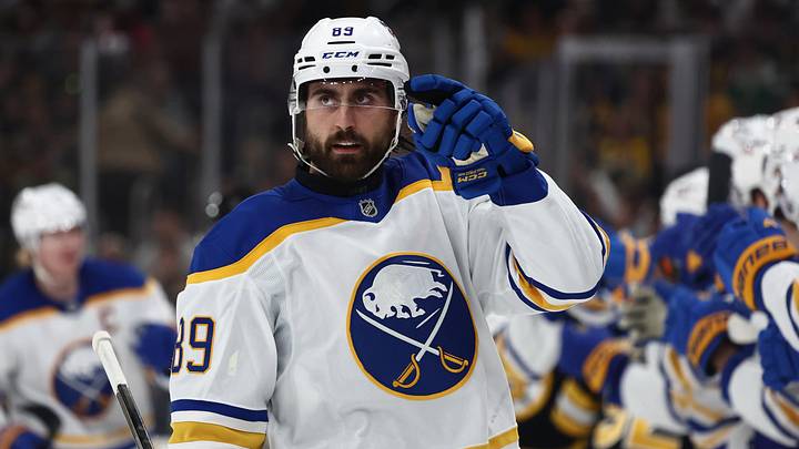 May 1, 2026; Boston, Massachusetts, USA; Buffalo Sabres right wing Alex Tuch (89) points to his goaltender after being congratulated at the bench after scoring against the Boston Bruins during the first period of game six of the first round of the 2026 Stanley Cup Playoffs at TD Garden.