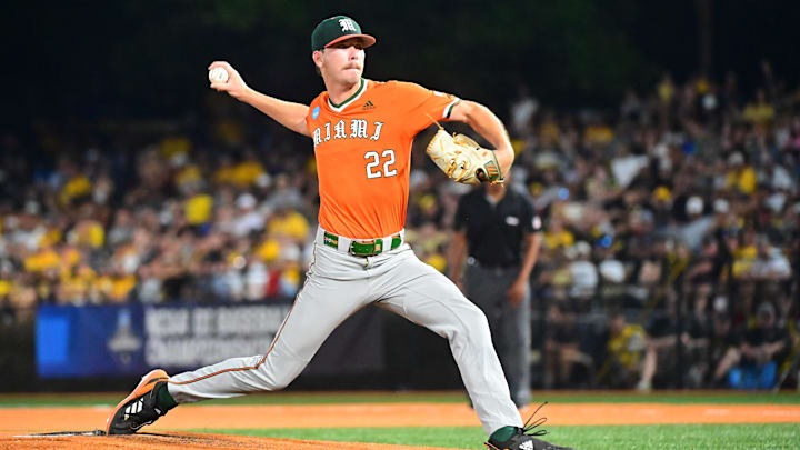Miami Hurricanes pitcher Reese Lumpkin (22) pitches against the Southern Miss Golden Eagles during the final game of the 2025 NCAA Hattiesburg Regional game at Pete Taylor Park in Hattiesburg, Mississippi, on June 2, 2025.