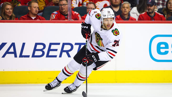 Oct 15, 2024; Calgary, Alberta, CAN; Chicago Blackhawks left wing Taylor Hall (71) skates with the puck against the Calgary Flames during the second period at Scotiabank Saddledome. Mandatory Credit: Sergei Belski-Imagn Images