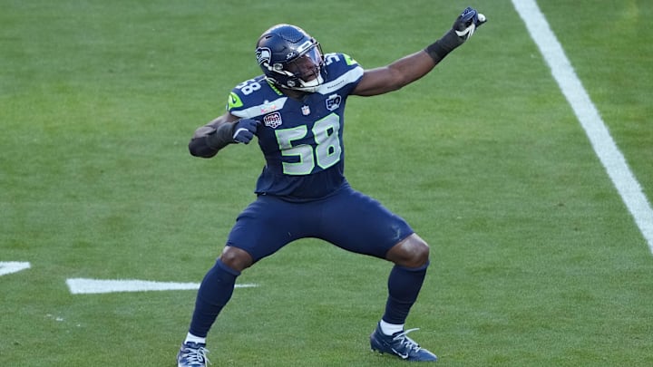 Seattle Seahawks linebacker Derick Hall reacts after a sack against the New England Patriots.