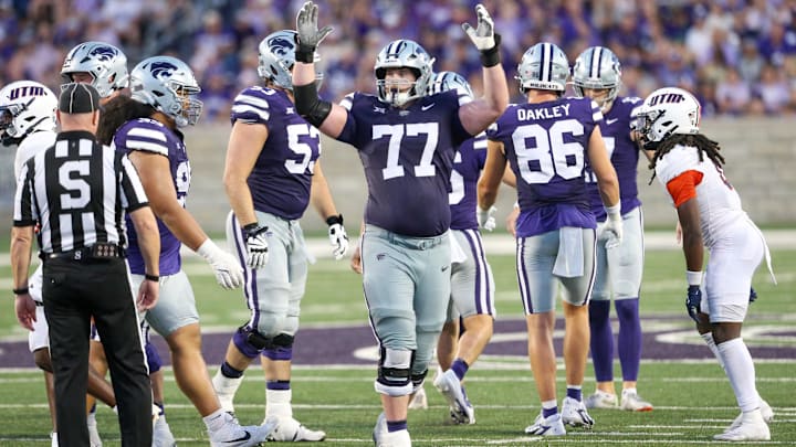 Kansas State offensive lineman Carver Willis (77) celebrates a field goal during the third quarter against Tennessee-Martin.