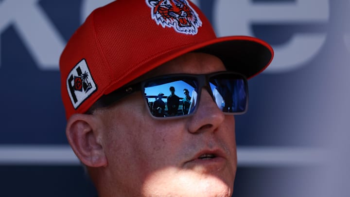 Detroit Tigers manager A.J. Hinch (14) talks to the media before a game against the New York Yankees during spring training at George M. Steinbrenner Field.
