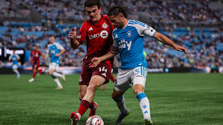TFC's Alonso Coello challenges Charlotte's Brandt Bronico for the ball. Charlotte was victorious 3-1. TFC's Alonso Coello challenges Charlotte's Brandt Bronico for the ball. Charlotte was victorious 3-1.