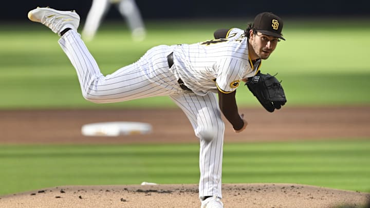 Apr 26, 2025; San Diego, California, USA; San Diego Padres starting pitcher Dylan Cease (84) delivers during the first inning against the Tampa Bay Rays at Petco Park. Mandatory Credit: Denis Poroy-Imagn Images Apr 26, 2025; San Diego, California, USA; San Diego Padres starting pitcher Dylan Cease (84) delivers during the first inning against the Tampa Bay Rays at Petco Park. Mandatory Credit: Denis Poroy-Imagn Images