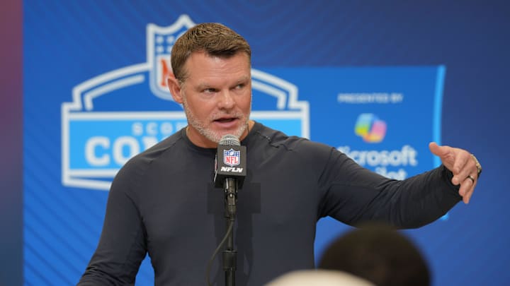 Indianapolis Colts general manager Chris Ballard speaks to the media during the 2025 NFL draft.