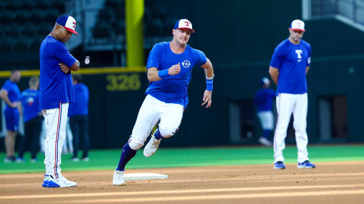 Jun 9, 2024; Arlington, Texas, USA; Texas Rangers injured third baseman Josh Jung runs before the game against the San Francisco Giants at Globe Life Field. Mandatory Credit: Kevin Jairaj-USA TODAY Sports