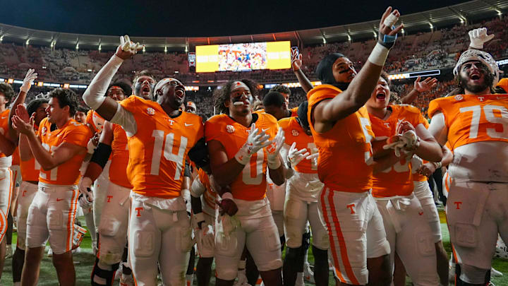 The Tennessee football team celebrates after defeating Florida during a NCAA football game between Tennessee and Florida in Neyland Stadium, in Knoxville, Tenn., Oct. 12, 2024. The Tennessee football team celebrates after defeating Florida during a NCAA football game between Tennessee and Florida in Neyland Stadium, in Knoxville, Tenn., Oct. 12, 2024.