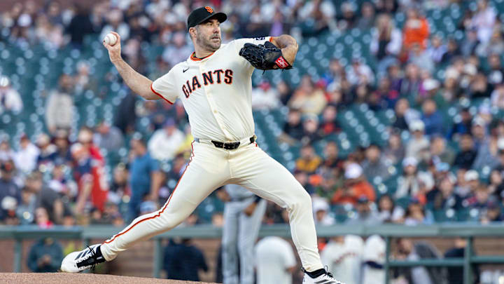 Jun 18, 2025; San Francisco, California, USA; San Francisco Giants pitcher Justin Verlander (35) throws a pitch during the first inning against the Cleveland Guardians at Oracle Park. 