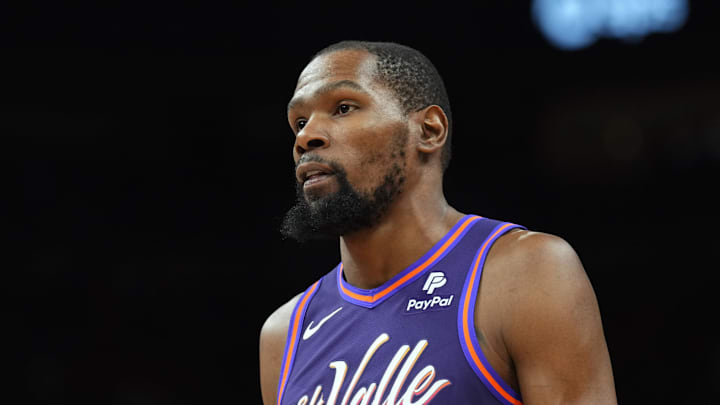 Feb 29, 2024; Phoenix, Arizona, USA; Phoenix Suns forward Kevin Durant (35) looks on against the Houston Rockets during the second half at Footprint Center. 