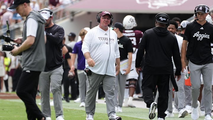 Sep 6, 2025; College Station, Texas, USA; Texas A&M Aggies head coach Mike Elko during the first quarter against the Utah State Aggies at Kyle Field. Mandatory Credit: Sean Thomas-Imagn Images