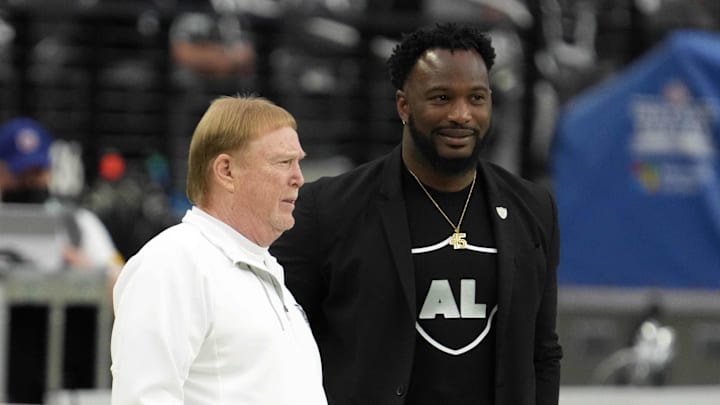 Nov 21, 2021; Paradise, Nevada, USA; Las Vegas Raiders owner Mark Davis (left) and Marcel Reece Nov 21, 2021; Paradise, Nevada, USA; Las Vegas Raiders owner Mark Davis (left) and Marcel Reece