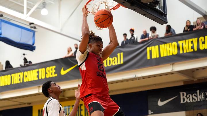 PG Elite Precious Sam (23) dunks the ball during the second day of the 2026 Nike EYBL Peach Jam at Riverview Park Activities Center in North Augusta, S.C., on Wednesday, July 15, 2026. PG Elite Precious Sam (23) dunks the ball during the second day of the 2026 Nike EYBL Peach Jam at Riverview Park Activities Center in North Augusta, S.C., on Wednesday, July 15, 2026.