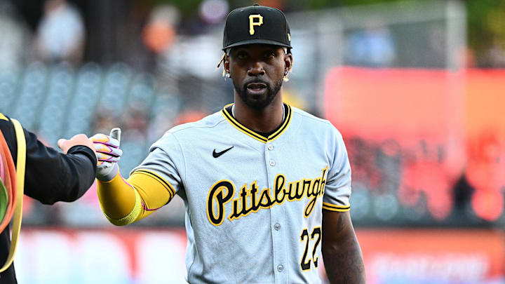 Sep 9, 2025; Baltimore, Maryland, USA;  Pittsburgh Pirates designated hitter Andrew McCutchen (22) walks on the field before the game between the Baltimore Orioles and the Pittsburgh Pirates at Oriole Park at Camden Yards. Mandatory Credit: James A. Pittman-Imagn Images