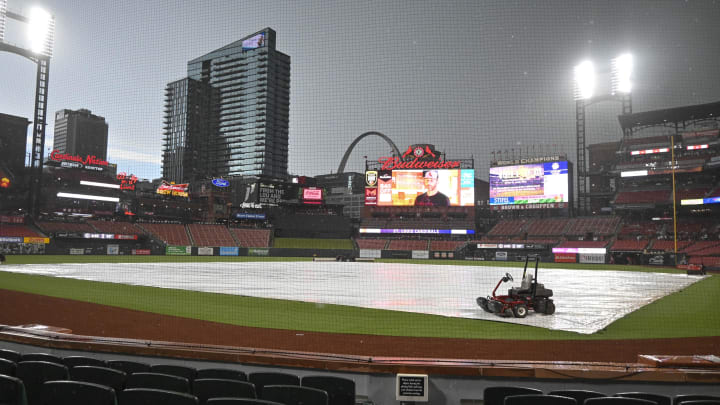 Jun 30, 2023; St. Louis, Missouri, USA; A general view of Busch Stadium during a rain delay prior to the game between the St. Louis Cardinals and the New York Yankees at Busch Stadium. Mandatory Credit: Joe Puetz-USA TODAY Sports Jun 30, 2023; St. Louis, Missouri, USA; A general view of Busch Stadium during a rain delay prior to the game between the St. Louis Cardinals and the New York Yankees at Busch Stadium. Mandatory Credit: Joe Puetz-USA TODAY Sports