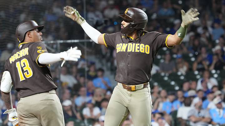 Jun 30, 2026; Chicago, Illinois, USA; San Diego Padres second baseman Fernando Tatis Jr. (23) celebrates his home run with third baseman Manny MacHado (13) against the Chicago Cubs during the eighth inning at Wrigley Field. Mandatory Credit: David Banks-Imagn Images Jun 30, 2026; Chicago, Illinois, USA; San Diego Padres second baseman Fernando Tatis Jr. (23) celebrates his home run with third baseman Manny MacHado (13) against the Chicago Cubs during the eighth inning at Wrigley Field. Mandatory Credit: David Banks-Imagn Images