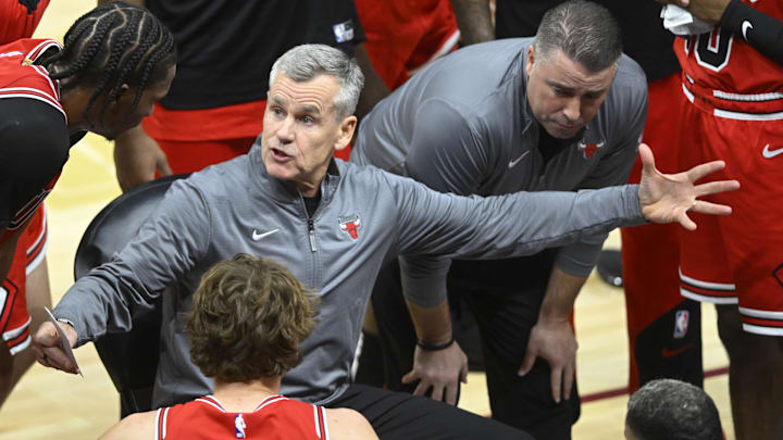 Oct 8, 2024; Cleveland, Ohio, USA; Chicago Bulls head coach Billy Donovan reacts in the fourth quarter against the Cleveland Cavaliers at Rocket Mortgage FieldHouse. Mandatory Credit: David Richard-Imagn Images