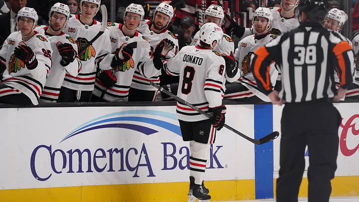Apr 6, 2026; San Jose, California, USA; Chicago Blackhawks center Ryan Donato (8) is congratulated by teammates after scoring against the San Jose Sharks in the first period at SAP Center at San Jose. Mandatory Credit: David Gonzales-Imagn Images Apr 6, 2026; San Jose, California, USA; Chicago Blackhawks center Ryan Donato (8) is congratulated by teammates after scoring against the San Jose Sharks in the first period at SAP Center at San Jose. Mandatory Credit: David Gonzales-Imagn Images