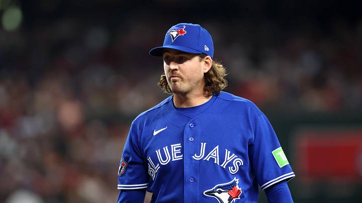 Apr 19, 2026; Phoenix, Arizona, USA; Toronto Blue Jays pitcher Kevin Gausman against the Arizona Diamondbacks at Chase Field. 