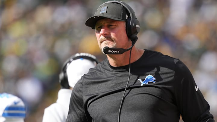 Detroit Lions head coach Dan Campbell looks on against the Green Bay Packers during the first quarter at Lambeau Field.