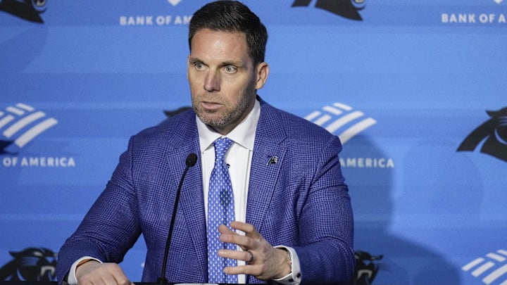Carolina Panthers general manager Dan Morgan speaks to the media during the introductory press conference for new head coach Dave Canales at Bank of America Stadium.