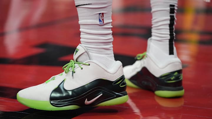 Nov 1, 2024; Toronto, Ontario, CAN; The shoes worn by Los Angeles Lakers forward LeBron James (23)  during a game against the Toronto Raptors at Scotiabank Arena. Mandatory Credit: John E. Sokolowski-Imagn Images