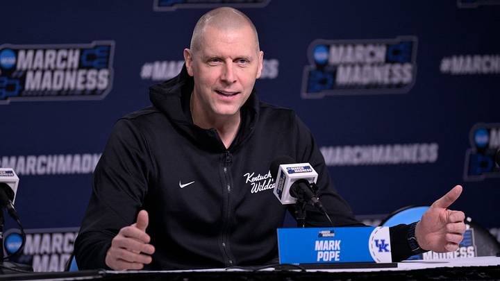 Mar 19, 2026; St. Louis, MO, USA; Kentucky Wildcats head coach Mark Pope speaks during an interview at the practice session ahead of the first round of the men's 2026 NCAA Tournament at Enterprise Center. Mandatory Credit: Jeff Le-Imagn Images