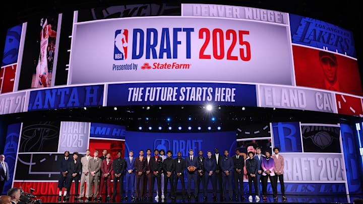 Jun 25, 2025; Brooklyn, NY, USA; 2025 NBA Draft class poses for a group photo before the first round at Barclays Center. Mandatory Credit: Brad Penner-Imagn Images Jun 25, 2025; Brooklyn, NY, USA; 2025 NBA Draft class poses for a group photo before the first round at Barclays Center. Mandatory Credit: Brad Penner-Imagn Images