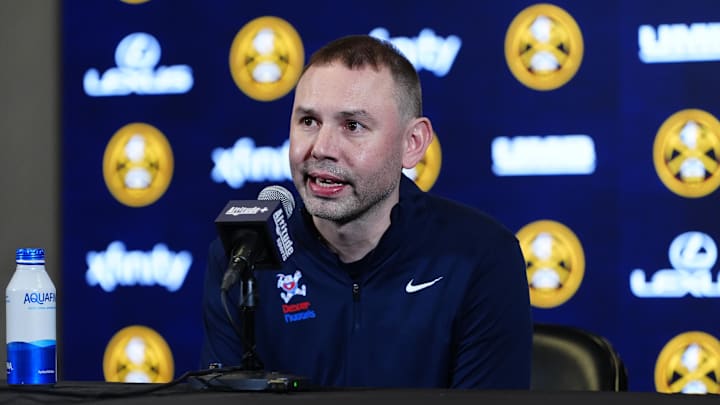 Mar 11, 2026; Denver, Colorado, USA; Denver Nuggets head coach David Adelman speaks to the media before the game against the Houston Rockets at Ball Arena. Mandatory Credit: Ron Chenoy-Imagn Images