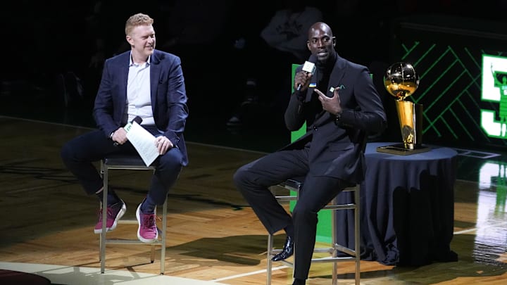 Mar 13, 2022; Boston, Massachusetts, USA: Basketball Hall of Famer and former Boston Celtic Kevin Garnett speaks with Brian Scalabrine during the number retirement ceremony after the game between the Boston Celtics the Dallas Mavericks at TD Garden. Mandatory Credit: Gregory Fisher-Imagn Images Mar 13, 2022; Boston, Massachusetts, USA: Basketball Hall of Famer and former Boston Celtic Kevin Garnett speaks with Brian Scalabrine during the number retirement ceremony after the game between the Boston Celtics the Dallas Mavericks at TD Garden. Mandatory Credit: Gregory Fisher-Imagn Images