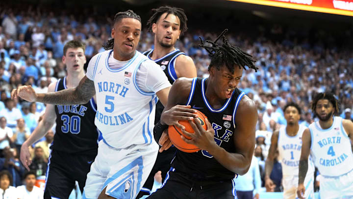 Mar 4, 2023; Chapel Hill, North Carolina, USA; Duke Blue Devils forward Mark Mitchell (25) with the