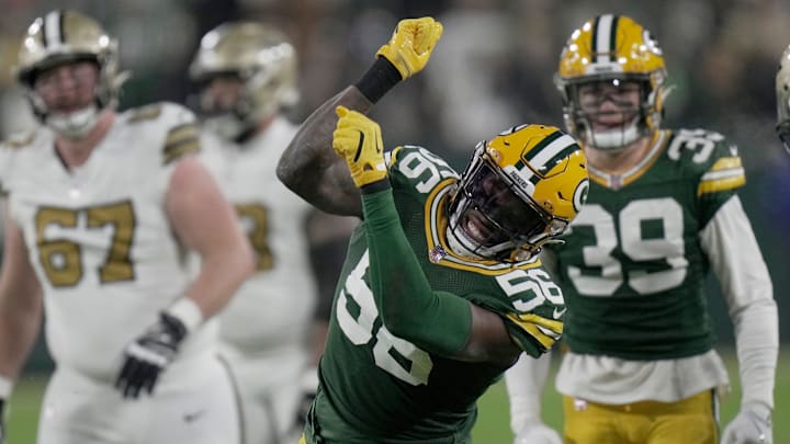 Green Bay Packers linebacker Edgerrin Cooper (56) celebrates a tackle for a three-yard loss during the second quarter of their game Monday, December 23, 2024 at Lambeau Field in Green Bay, Wisconsin. The Green Bay Packers beat the New Orleans Saints 34-0.