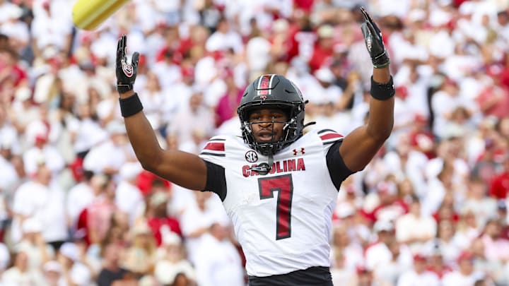 South Carolina Gamecocks defensive back Nick Emmanwori reacts after returning an interception for a touchdown.