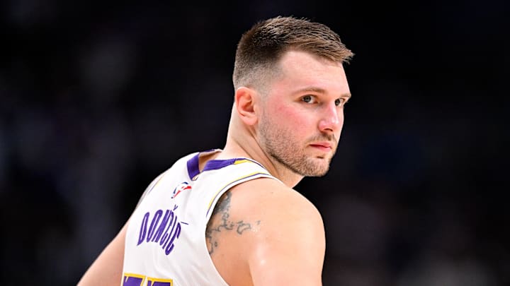 Jan 24, 2026; Dallas, Texas, USA; Los Angeles Lakers guard Luka Doncic (77) looks back during the game against the Dallas Mavericks at the American Airlines Center. Mandatory Credit: Jerome Miron-Imagn Images